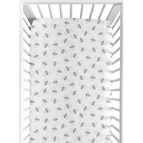 Sweet Jojo Designs Grey Bee Boy Girl Gender Neutral Unisex Baby Fitted Crib Sheet Infant Newborn Nursery Toddler Bed Room Standard Mattress Abstract Honeybee Bumblebee Flying Bees White and Gray