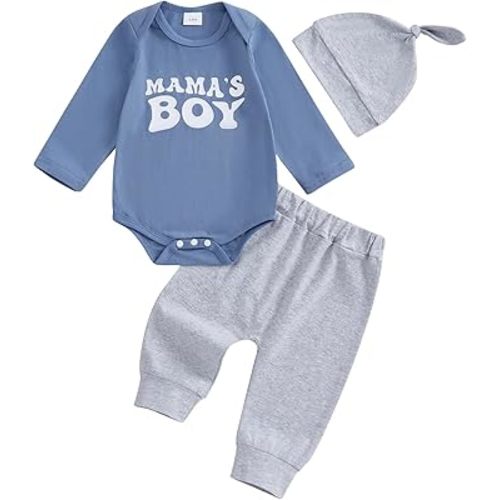 Newborn Baby Boy Clothes Mamas Boy Long Sleeve Romper 3pcs Pant Set Fall Winter Coming Home Outfit With Hat