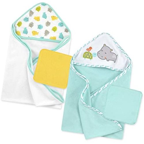 Just Born Boys and Girls Newborn Infant Baby Toddler Bath Baby Hooded Towel and Washcloth 4-Pack, Grey/Green/Hippo, One Size