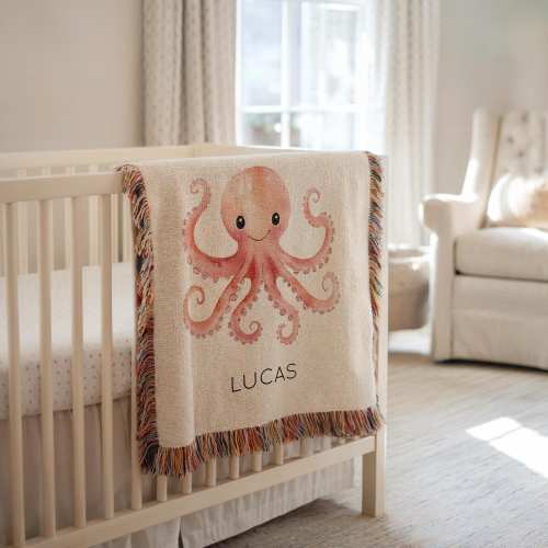 Personalized Octopus Baby Blanket, Ocean Themed Woven Name Blanket, Cute Underwater Sea Life Baby Shower Gift, Custom Nursery Throw
