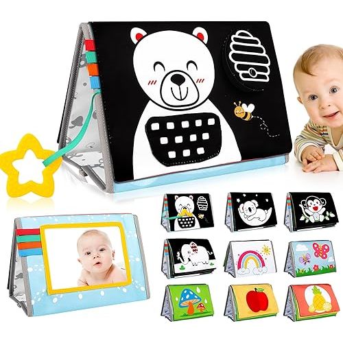 Tummy Time Mirror Baby Toys 0-6 Months - Infant Toys Black and White High Contrast Baby Crinkle Toys 0-3 Months with Teether - Montessori Newborn Brain Development Sensory Toys for Babies
