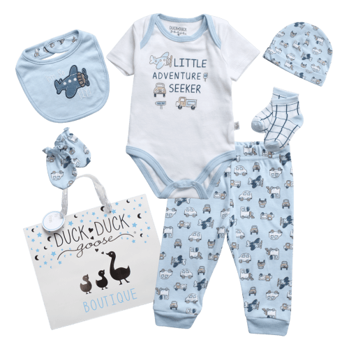 Duck Duck Goose Baby Boys and Girls Layette Gift Set - 8 Piece New Born Baby Essentials Set (0-9M)