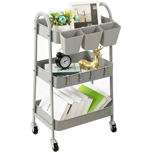 danpinera 3-Tier Rolling Cart, Metal Rolling Storage Cart with Lockable Wheels & Hanging Cups & Hooks, Mobile Trolley Cart for Kitchen, Bathroom, Office, Workshop, Gray