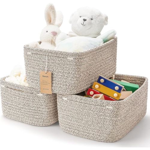 3-Pack Small Storage Baskets for Organizing | Woven Shelf Toy Basket | Rope Baskets for Gifts Empty | Closet Organizer Bins with Handles | Cube Decorative Box | 11.8×7.8×5.1” | Mixed brown