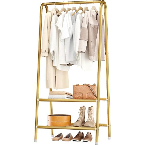JOISCOPE Sturdy Metal Garment Rack with Double Shelves, Freestanding Portable Metal Clothes Rack for Hanging Clothes, 24.40" L x 13.80" W x 62.00" H Space Saving - Gold