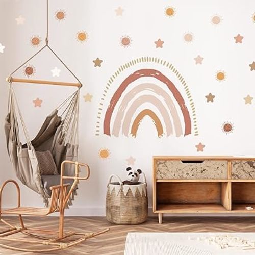 funlife Large Boho Rainbow Wall Decals Peel and Stick, Self Adhesive Boho Sun Wall Decal Stars Wall Sticker for Girls Bedroom Decor, Kids Nursery Room