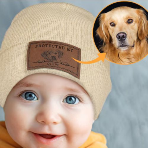 Protected By Baby Beanie, Personalized Baby Beanie, Custom Pet Portrait Beanie, Baby Puppy Beanies w/ Name, Baby Shower Gift, Newborn Gift