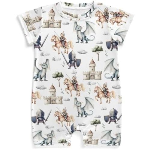 Cute Dragon Castle Knight Horse Baby Romper Fairytale Dragons Trees Leaves Cloud Summer Outfit