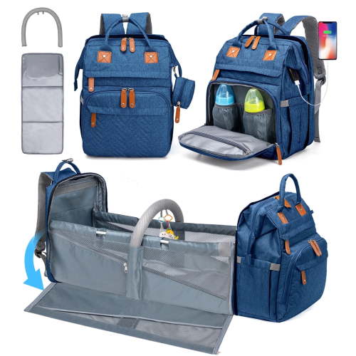 3-in-1 Diaper Bag Backpack Waterproof, Kabaqoo Multifunctional Portable Baby Backpack with Changing Station Blue