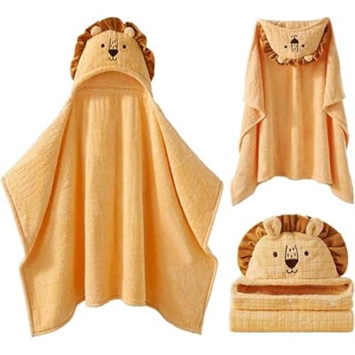 Baby Hooded Towel, Super Absorbent Soft Toddler Bath Towel with Animal Design，Coral Fleece Baby Towels with Hood for Newborn Kids (49 × 35 Inch, Lion)