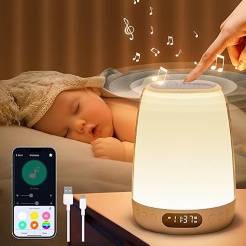One Fire Sound Machine Baby Night Light for Kids, Bluetooth & 14 White Noise Kids Night Light, 48 RGB Colors Smart APP/Touch Night Light for Baby Nursery Night Light,Wake Up Alarm Clock for Kids Gifts