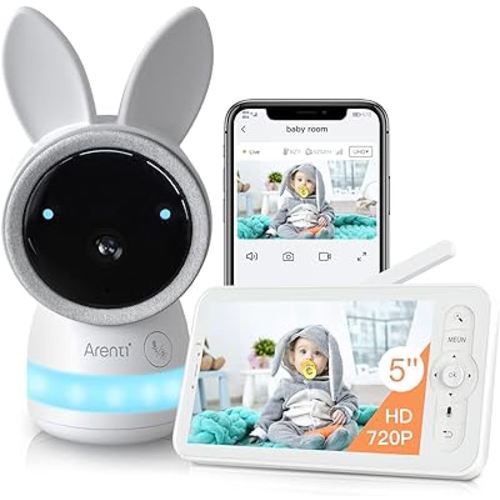 ARENTI Video Baby Monitor, Audio Monitor with 2K Ultra HD WiFi Camera,5" Color Display,Night Vision,Lullabies,Cry Detection,Motion Detection,Temp & Humidity Sensor,Two Way Talk,App Control