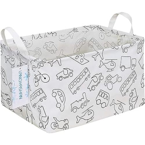 LANGYASHAN Rectangular Storage Bin Collapse Canvas Fabric Cartoon Storage Basket with Handles for Organizing Home Kitchen Boys and Girls Toys Office Closet Shelf Baskets (Rec Vehicle)