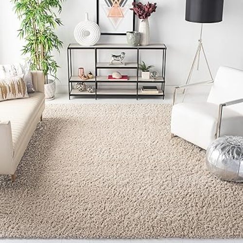 SAFAVIEH August Shag Collection Area Rug - 8' x 10', Beige, Solid Design, Non-Shedding & Easy Care, 1.5-inch Thick Ideal for High Traffic Areas in Living Room, Bedroom (AUG200D)