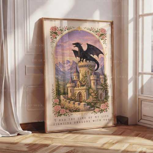 Fighting Dragons With You, Dragon Castle Wall Art, Fantasy Dragon Print, Bookish Art, Pretty Art Poster, Dragon Lover Gift, Girly Book Art