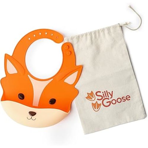 Silly Goose Silicone Animal Baby Bibs for Babies and Toddlers, Waterproof, Adjustable, Soft, Extra Wide Food Catcher Pocket (Baby Fox)