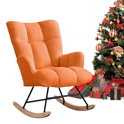 Zedachica Rocking Chair Nursery Teddy Upholstered Glider Rocker Rocking Accent Chair Padded Seat with High Backrest Armchair Comfy Side Chair for Living Room Bedroom Offices (Orange Teddy)