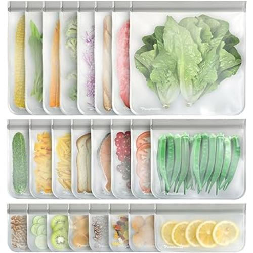 24 Reusable Food Storage Bags, Freezer Bags with Pack BPA FREE (8 Reusable Gallon Bags+8 Leakproof Reusable Sandwich Bags+8 Food Grade Snack Bags) EXTRA THICK Reusbale Lunch Bag for Salad Fruit