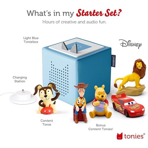 Toniebox Audio Player Starter Set with Woody, Lightning McQueen, Simba, Winnie-The-Pooh, and Playtime Puppy - Listen, Learn, and Play with One Huggable Little Box - Light Blue