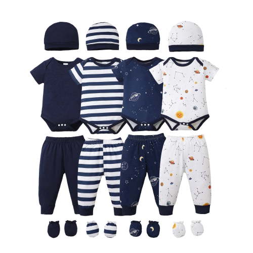 KIMI BEAR Newborn Baby Boys Layette Gift Set 0-3 Months Summer Outfits 4 Packs Short Sleeves Romper Top + Pants + Hats + Gloves 16pcs Blue