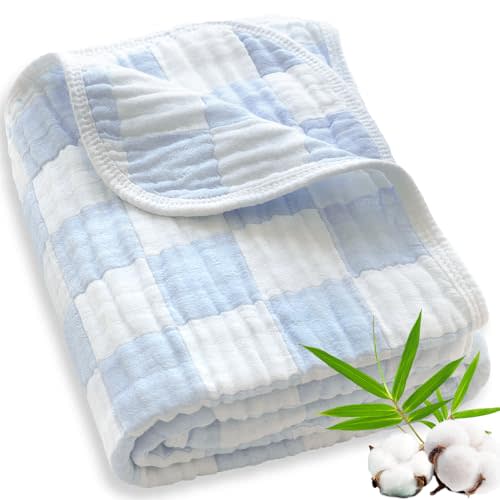 BEILIMU Muslin Baby Blankets for Boys Girls, 70% Cotton and 30% Rayon Blanket for Infant Toddler, Super Soft and Lightweight Blankets with Checkerboard Design Blue 43 x 43 Inches