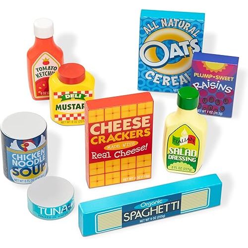 Melissa & Doug Wooden Pantry Products Play Food Set (9 pcs) - Pretend Play Kitchen Accessories, Wooden Play Grocery Sets For Kids Ages 3+