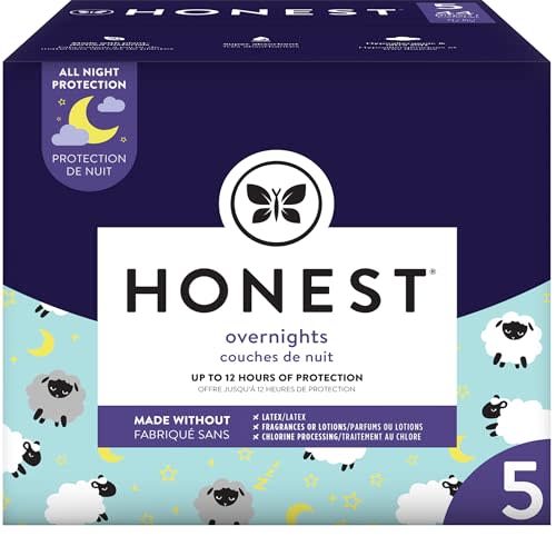 The Honest Company Clean Conscious Overnight Diapers | Plant-Based, Sustainable | Sleepy Sheep | Club Box, Size 5 (27+ lbs), 44 Count