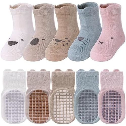 TRUEHAN 5 Pairs Toddler Non Slip Socks with Grips Baby Socks for Kids Girls Boys