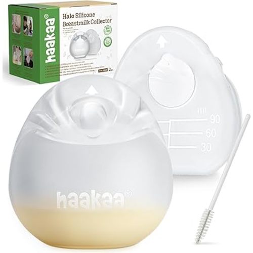 haakaa Halo Silicone Breast Milk Collector - Wearable Manual Breast Pump for Breastfeeding, Hands Free Reusable Breast Milk Shells with Cleaning Brush - 3oz/90ml, 2 Count