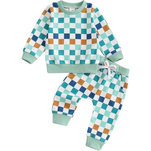 Karwuiio Toddler Baby Boy Girl Clothes Checkerboard Print Long Sleeve Sweatshirt Tops and Pants Fall Clothing Set