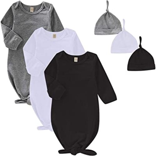 OPAWO Newborn Baby Knotted Gowns with Mitten Cuffs and Hat Baby Sleeper Gowns Coming Home Outfit for Baby Boy Girl 0-6 Months