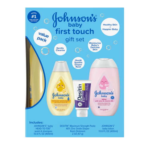 Johnson's Baby First Touch Gift Set Baby Bath and Skin Care Products with Lotion and Diaper Rash Paste