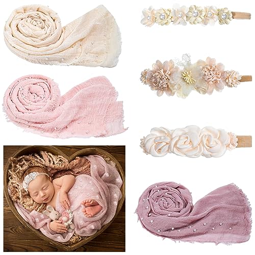 Preboun 3 Set Baby Photoshoot Props Wrap Kit 35.5 x 67 in Newborn Photography Props Wraps Baby Photo Props Newborn Pearl Headband Wrap Blanket Outfits for Baby Boy Girl Infant Toddler(Elegant Colors)