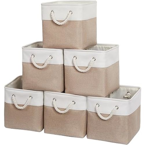11 x 11 Inch Storage Cubes, 6 Pack Large Collapsible Fabric Storage Bin with Ropes, Foldable Storage Cubes for Home, Office,Closet, Clothes, Toys Organizer (White&Beige)