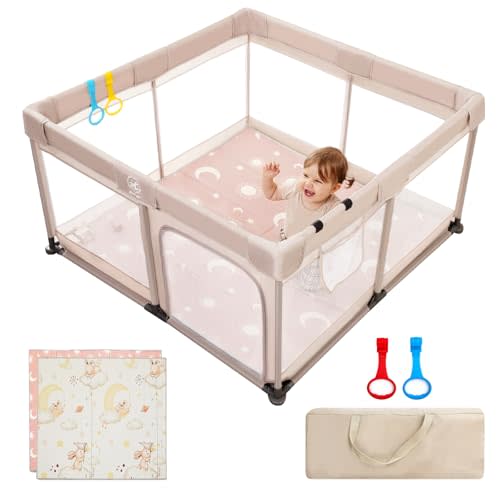 Baby Playpen Parts, 50 * 50 in Play Pens for Babies and Toddlers, Baby Play Yards for Indoor & Outdoor with Soft Breathable Mesh (Beige with Mat, 50×50 Inches)