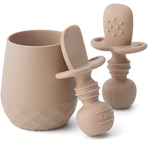 SAMiGO Silicone Baby Utensils - Self Feeding Spoons and Tiny Training Cup - First Stage Baby Led Weaning Supplies for 6 Months+ Infants - Set of 3