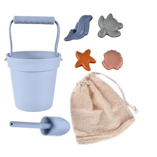 Link Ready! Set! Play! Silicone Beach & Pool Toy 7pc Set For Travel Easy To Clean Bucket Shovel 4 Sands Molds For Toddlers & Babies Carry Bag Included