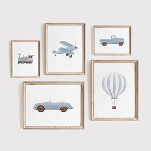 QBZWART Vintage Travel Boy Nursery Wall Art Blue Hot Air Balloon Plane Train Prints Canvas Painting Picture Nordic Bedroom Home Decor No Frame (A, 8x10Inch No Frame)