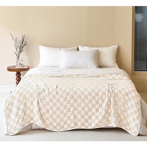 6-Layer Gauze Muslin Blanket 100% Cotton Cream Checkerboard King Size Cooling Throw Blanket Lightweight Soft and Breathable Cozy Blanket Bed Coverlet Both Sides (Cream Checkerboard, King)