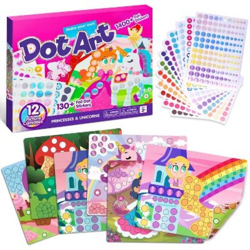 Joyfy Dot Art Paper Craft Kit - Over 1400 Pcs No Mess DIY Sticker Art for Kids, Toddler Arts & Crafts Supplies, Birthday Gifts (Unicorns & Princess)