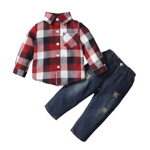 18 Months Baby Boys Outfits 24 Months Boys 2PCS Fall Winter Clothing Set Toddler Boys Long Sleeve Plaid Top Denim Pants Set Red and White