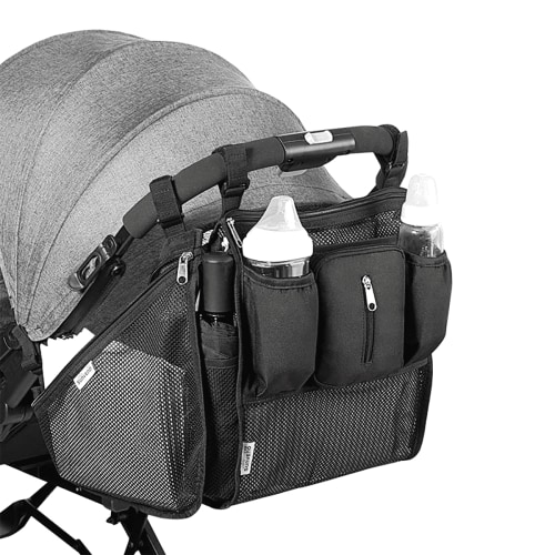 sunveno Universal Stroller Organizer, 2 in 1 with Insulated Cup Holders, Black and Gray
