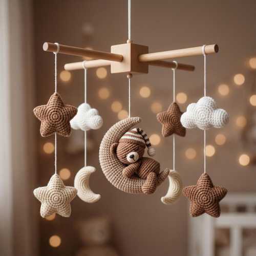 Crocheted Teddy Bear Moon Baby Mobile, Sleeping Bear Nursery Decor, Baby Crib Nursery Decor, Baby Shower Gift, Crochet Moon Nursery Mobile