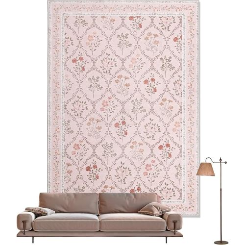 YIHOUSE 5x7 Washable Rug for Bedroom, Pink Floral Rugs for Living Room Non Slip Ultra-Thin Large Boho Rug for Kids Playroom, Classroom, Girls Dorm, Nursery, Pink Multi