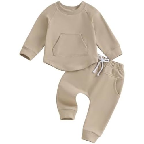 Thorn Tree Toddler Baby Boys Fall Outfits Long Sleeve Pull On Sweatshirt Elastic Waist Pants 2Pcs Solid Clothes Set