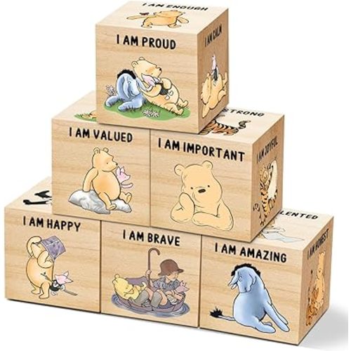 6 Pcs Inspirational Winnie Nursery Decor for Girls and Boys Wooden Classic the Pooh Decorations Winnie Baby Table Wooden Decorations Winnie the Pooh Shelf Decor for Bedroom Playroom Gifts 1.6 Inch