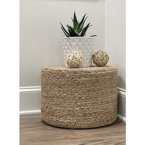 Scandilivin Homes Pouf Ottoman - 100% Natural Jute Braided- Footrest Pouf Hand Knitted - Traditional Cord Boho Pouffe - for The Living Room, Bedroom, Nursery, Patio, Lounge (18”x18”x12”)