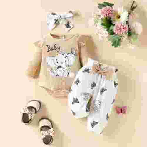 AJIWYH Baby Girl Fall Winter Outfits Cute Ruffle Long Sleeve Ribbed Romper Top Bow Pants with Headband (White,0-3 Months)
