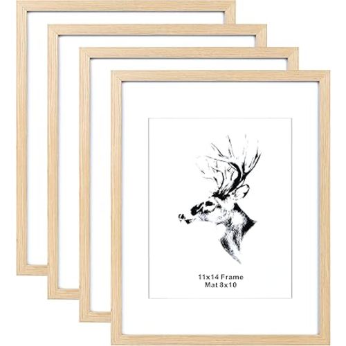 Yaetm 11x14 Picture Frame with Mat for 8x10 Set of 4, Solid Oak Wood Photo Frames with Tempered Glass, 11 x 14 Frames for Horizontal and Vertical Wall Mounting (4 pack, Oak)
