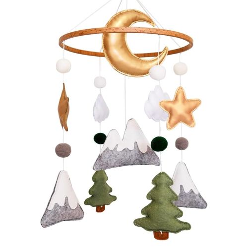 Woodland Baby Crib Mobile, Mountain Mobile for Crib for Boys & Girls, Neutral Nursery Mobile, Baby Shower Gift, with Moon, Trees, Stars & Clouds